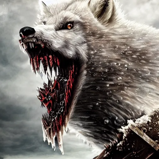 Image similar to angry demonic white polar fox with sharp teeth wearing medieval ornamented rusty armor, ice and fire, postapocalyptic world, hyperrealistic, dramatic sky, highly detailed