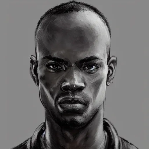 Image similar to Portrait of a black man by Greg Rutkowski, he is about 30 years old, short hair, manly, attractive, smart looking, tall and slim, he is wearing a utilitarian gray and black jumpsuit, highly detailed portrait, scifi, digital painting, artstation, concept art, smooth, sharp foccus ilustration, Artstation HQ