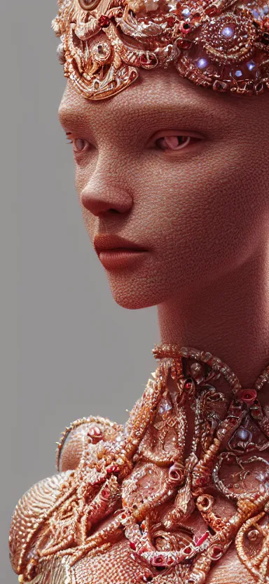 Prompt: abstract highly detailed female sculpture portrait made of white marble and red crystals quartz, ethereal lights, fine details, artstation, film still, rim light, cinematic photoshooting, luxury, 8 k, intricate golden filigree, octane render, hypperrealistic painting, abstract liquid acrylic art