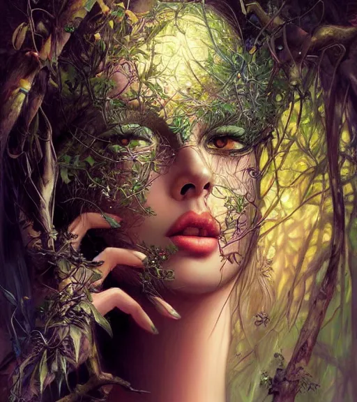 Prompt: ancient goddess, lush forest, portrait by artgerm, digital art by karol bak