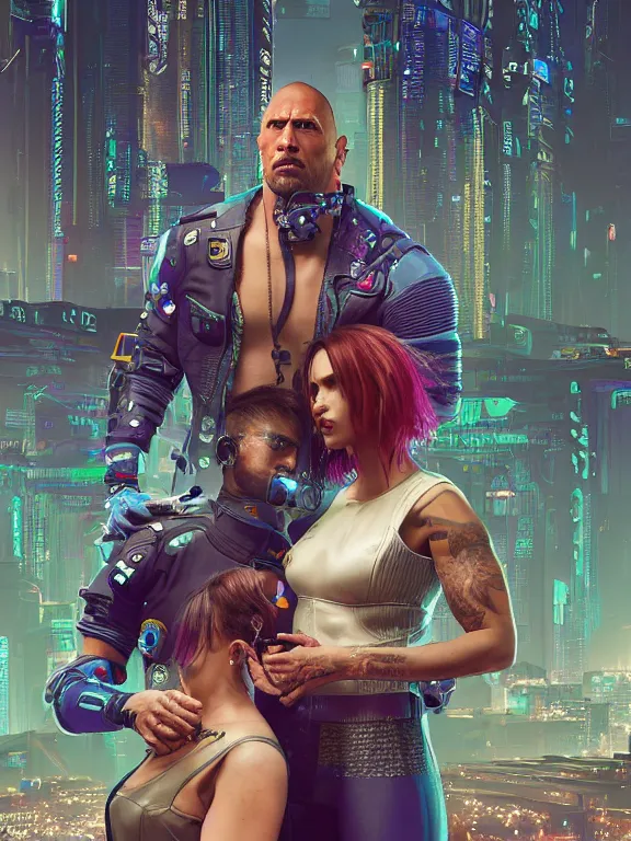 Image similar to a cyberpunk 2077 wedding portrait of Dwayne Johnson and a female android,complex mess of cables and wires behind them connected to giant computer, love,film lighting, by laurie greasley,Lawrence Alma-Tadema,William Morris,Dan Mumford, trending on atrstation, full of color, highly detailed,8K, octane,golden ratio,cinematic lighting