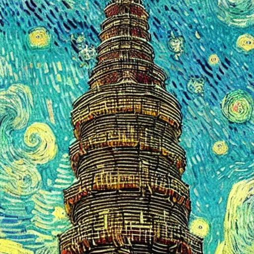 Prompt: a tower made of birds floating in space, painted by Van Gogh