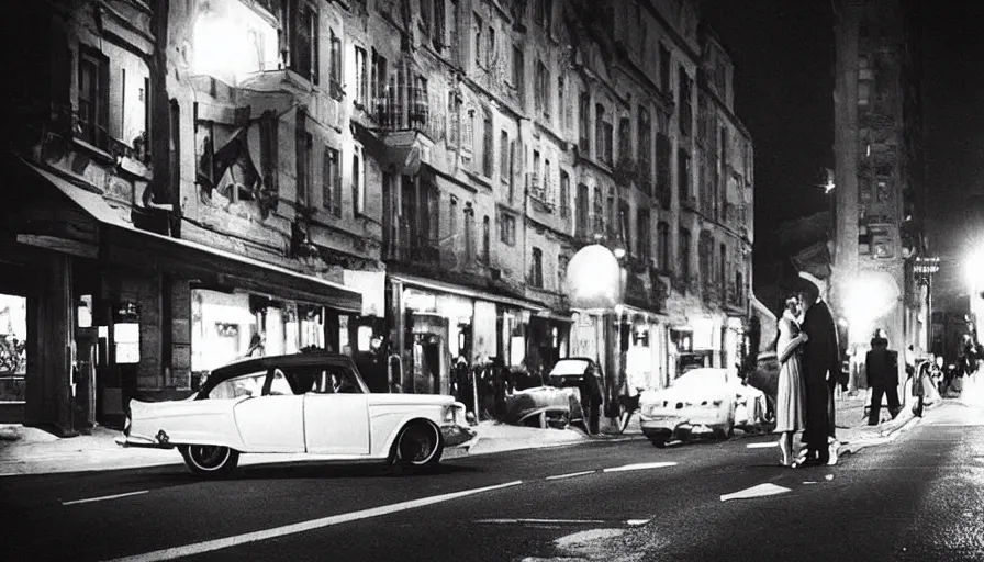 Prompt: “A still from a modern black and white French art house movie 1960’s. City street, car, man and woman in love, Cinematic lighting, highly detailed, close-up,”