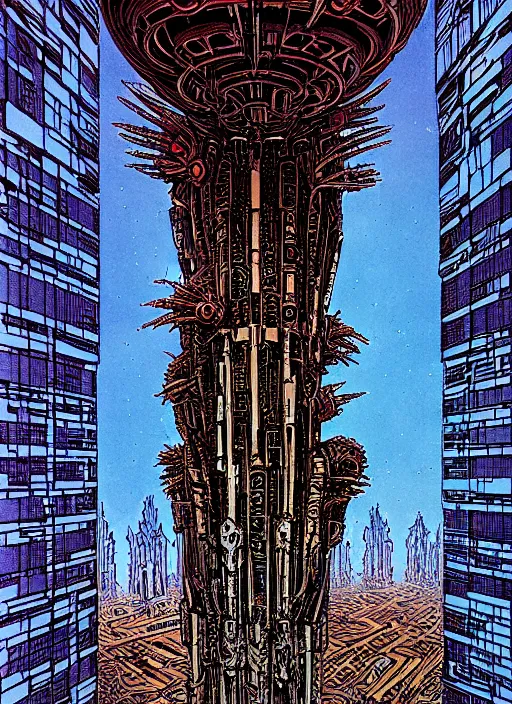 Prompt: a skyscraper with a huge doorway on an alien planet by philippe druillet.