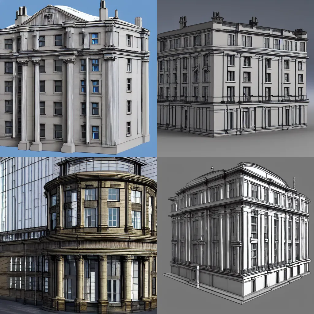 Prompt: a detailed 3d model of a building in Glasgow style architecture