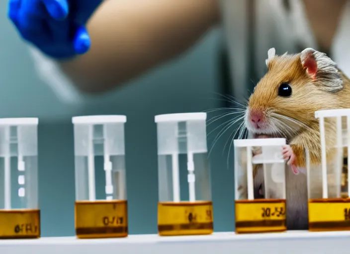 Image similar to film still of a hamster working in a research lab filling test tubes, 8 k