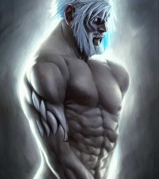 Image similar to symmetry portrait of a tall warrior with grey hair and big muscles, light blue eyes and body full of scars, his skin in extremely white and grim looking, mysterious ultra detailed, intricate, anime, dynamic lighting, digital art, digital painting, art station, wlop, sharp focus, illustration, art by artgerm and greg rutkowski and alphonse mucha