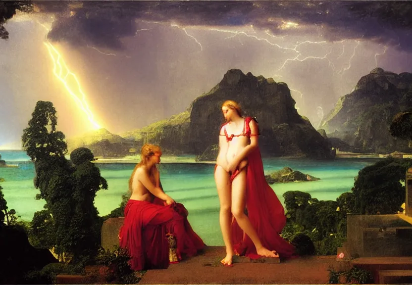 Image similar to Girl at the palace, refracted sparkles, thunderstorm, greek pool, beach and Tropical vegetation on the background major arcana sky, by paul delaroche, hyperrealistic 4k uhd, award-winning, very very very detailed