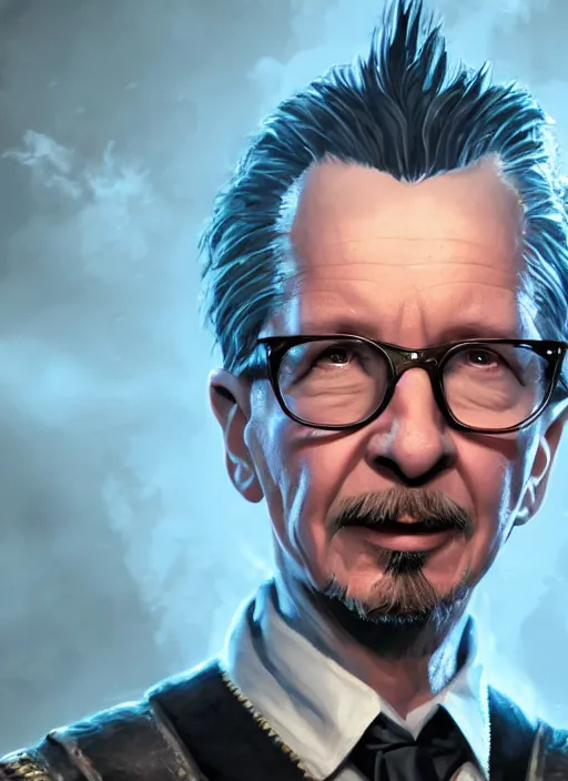 Prompt: A fantasy comic book style portrait painting of Gary Oldman as a wizard in dark castle setting, unreal 5, DAZ, hyperrealistic, octane render, RPG portrait, dynamic lighting