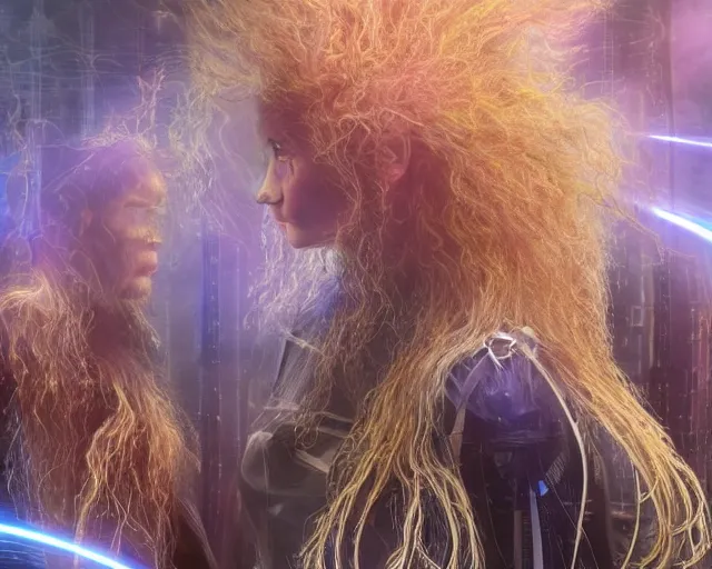 Image similar to glowing hair, complex cybernetic beings, beautiful hairy humanoids, cybermagnetosphere, cybernetic civilizations, ornate hair, love, joy, vortexes, large arrays, data holograms, 8 k, cinematic light shadows, wet hdr refractions, *, * * *, * * * * *