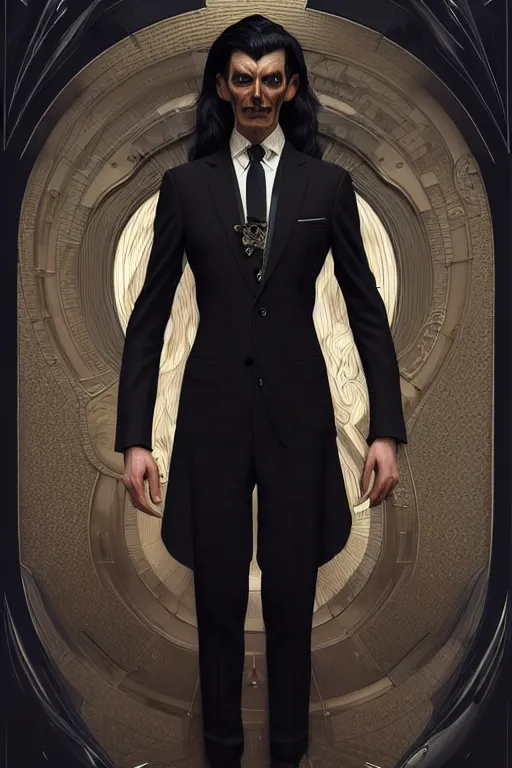 Image similar to ultra realistic, thin man in expensive stylish modern suit, black hair, occult jewelry, fantasy, intricate details, eerie, highly detailed, octane render, 8 k, art by artgerm and alphonse mucha and greg rutkowski