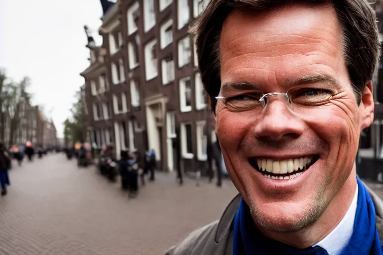 Image similar to closeup portrait of mark rutte laughing in an amsterdam street, natural light, sharp, detailed face, magazine, press, photo, steve mccurry, david lazar, canon, nikon, focus