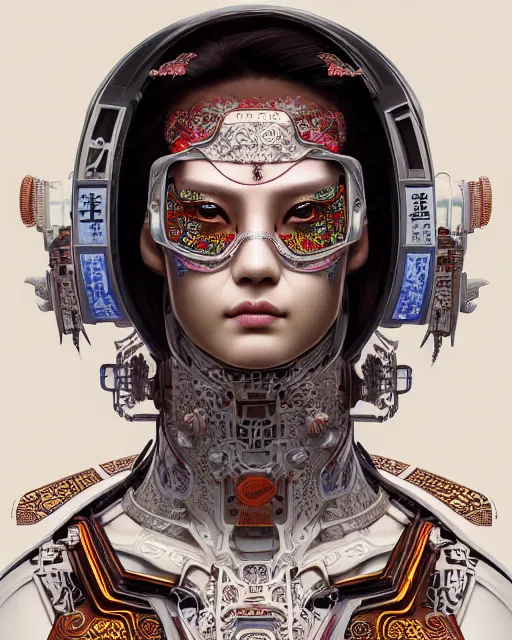 Image similar to portrait of a cyberpunk machine, machine face, upper half portrait, decorated with chinese opera motifs, asian, fine china, traditional chinese art, intricate, elegant, highly detailed, symmetry, headpiece, digital painting, artstation, concept art, smooth, sharp focus, illustration, art by artgerm and greg rutkowski and alphonse mucha, 8 k