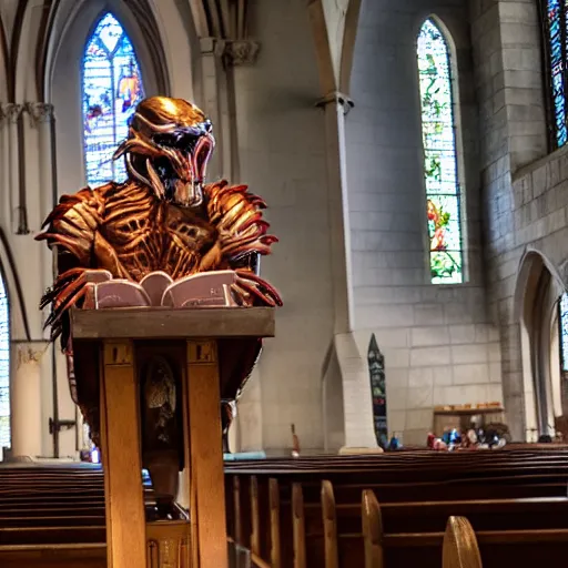 Image similar to the predator at the pulpit of a large church service