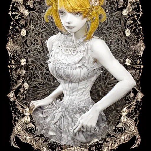 Image similar to the portrait of an absurdly beautiful, graceful, elegant, sophisticated, young perky girl made up of lemons, an ultrafine hyperdetailed illustration by kim jung gi, irakli nadar, intricate linework, bright colors, octopath traveler, final fantasy, unreal engine 5 highly rendered, global illumination, radiant light, detailed and intricate environment