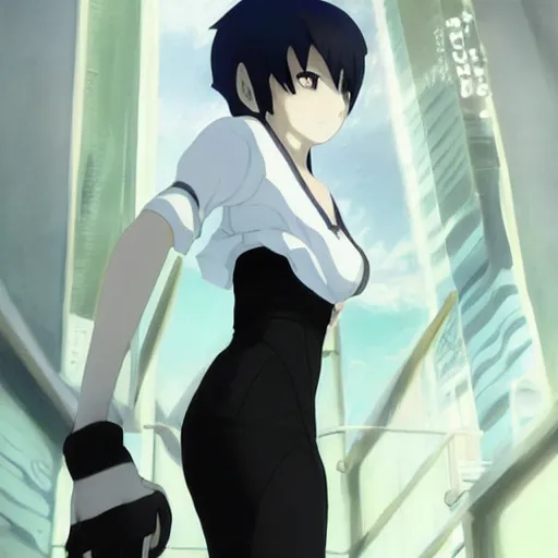 Image similar to girl with short white hair and bare shoulders, wearing black gloves and a white shirt, art by makoto shinkai
