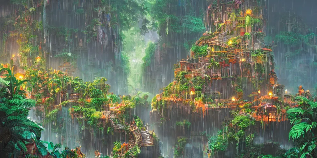 Image similar to aztec jungle village, ornate, beautiful, atmosphere, mist, vibe, smoke, beautiful, rain, reflection, pristine, puddles, waterfall, melting, dripping, wild look, mattepainting concept blizzard pixar maya engine splash comics global illumination lighting artstation, sharp focus, ilya kuvshinov, rossdraws