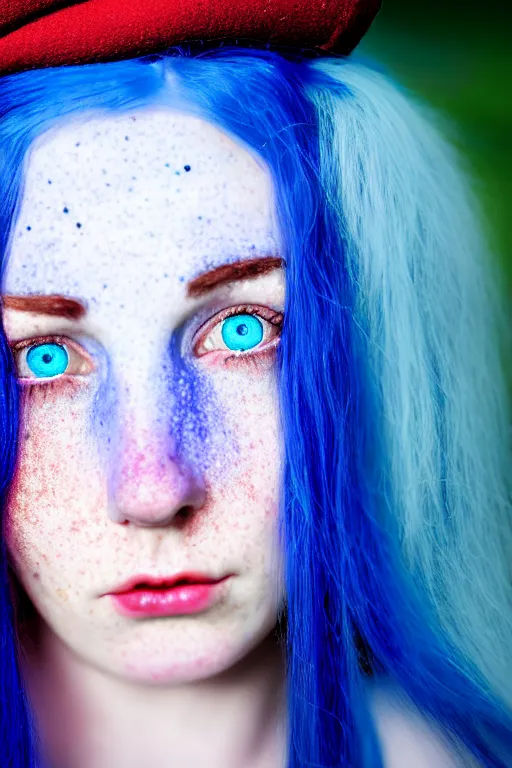 Prompt: close - up portrait of a blue - haired girl with glowing freckles and glowing cherry - colored eyes, fantasy art, victorian era, renaissance painting, realism, antique, epic, realistic, high quality, high resolution, lossless quality, lossless quality, 8 k, hdr, 4 k, 8 k resolution, 1 6 k resolution, 8 k quality
