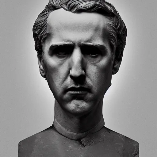 Prompt: Award-winning photograph by Chema Madoz. The photo depicts a decaying roman bust of Nicolas Cage at the bottom of the sea. Black and white, minimalism, high definition, perfect composition. Deep sea picture. Very dark. Volumetric lighting. Fisch.