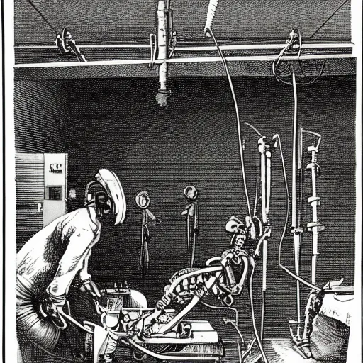 Image similar to A man getting turned into a cyborg on a skeleton-like welding station operated by an old robot surgeon, dull lights, tight space, dark, depressive ancient laboratory