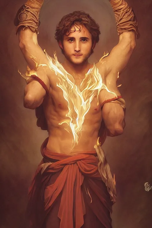 Image similar to Diego Boneta, druid, cleric, flame spell, burning hands, bicpes, muscular, D&D, fantasy, intricate, cinematic lighting, highly detailed, beautiful, digital painting, artstation, masterpiece, concept art, smooth, sharp focus, illustration, art by Artgerm and Greg Rutkowski and Alphonse Mucha and william-Adolphe Bouguereau