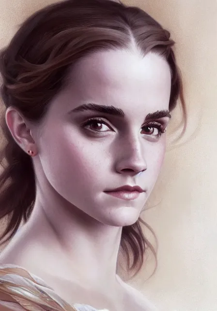 Image similar to emma watson belle, intricate, elegant, highly detailed, digital painting, artstation, concept art, smooth, sharp focus, illustration, art by artgerm and greg rutkowski and alphonse mucha and william - adolphe bouguereau