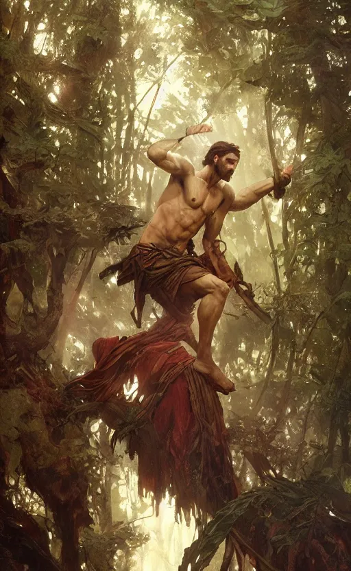 Image similar to god of the forest, 3 0 years old, rugged handsome, male, gorgeous, detailed face, clean lines, cinematic light, amazing, full body, flowers, muscular, intricate, highly detailed, digital painting, artstation, concept art, sharp focus, illustration, art by greg rutkowski and alphonse mucha