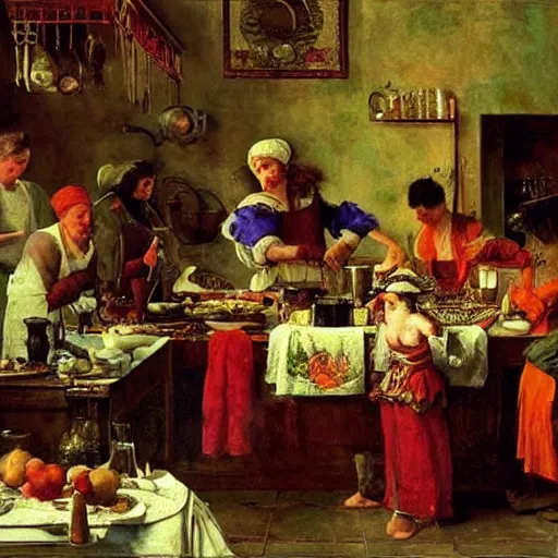 Image similar to Dramatic renaissance scene of cooking in the kitchen, maximalism, by Greg Rutkowksi and Ilya Repin