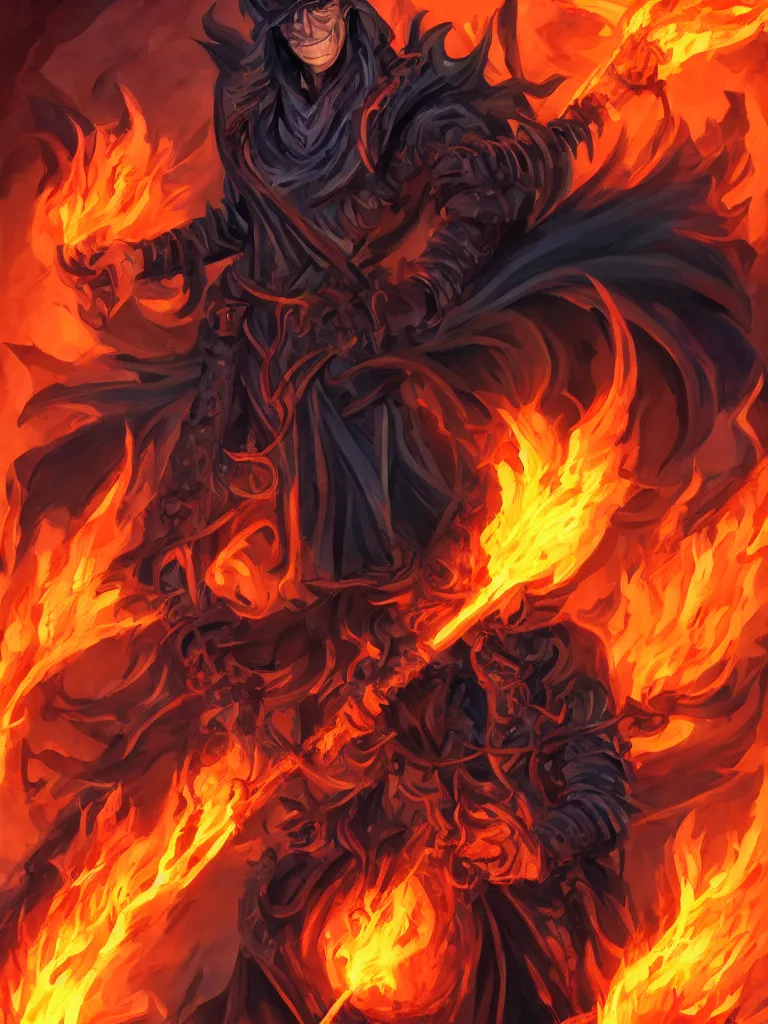 Image similar to dungeons and dragons official art of male fire genasi wizard with pitch black skin, flaming hair, glowing orange eyes, wearing black wizard robes, smug smile, holding a wooden staff, official print, book cover art