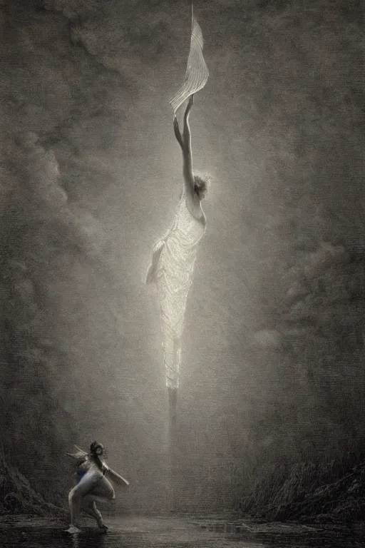 Image similar to dancer in the wind by gustave dore and greg rutkowski, light cone, reimagined by industrial light and magic