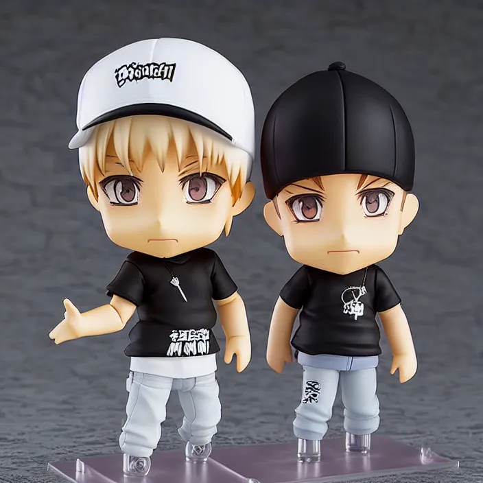 Image similar to a anime nendoroid of Eminem with black cap and black clothes and beard, figurine, product photo, detailed