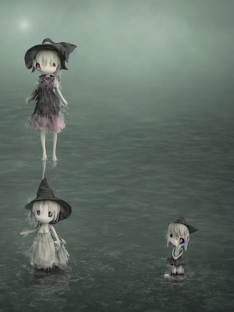 Prompt: cute fumo plush girl witch standing in reflective murky river water, otherworldly gothic horror maiden in tattered cloth, hazy heavy swirling murky volumetric fog and smoke, moonglow, lens flare, vray