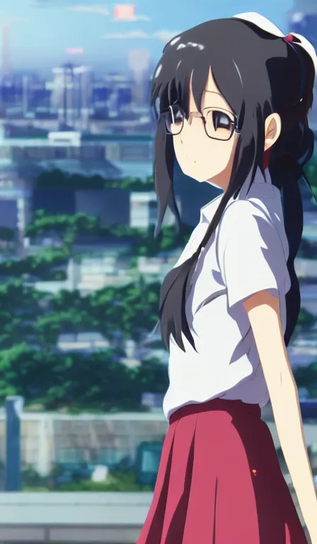 Prompt: anime fine details portrait of a school girl in front of modern tokyo city landscape on the background deep bokeh, close-up view, anime masterpiece by Makoto Shinkai, 8k, sharp high quality anime, artstation