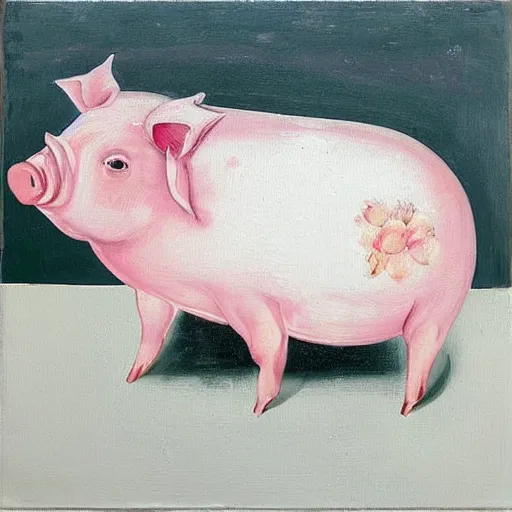 Image similar to “pig paintings and pig sculptures in a pig art gallery, pork, ikebana white flowers, white wax dripping, squashed raspberry stains, acrylic and spray paint and oilstick on canvas, by munch and Dali”