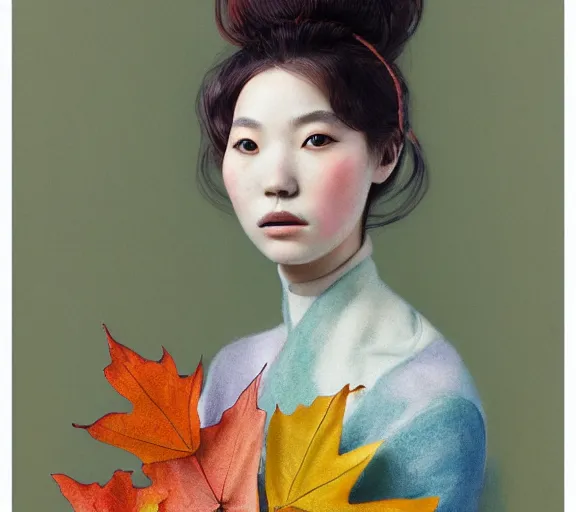 Prompt: detailed pastel colors portrait of a woman with a dress made of autumn leaves, by hsiao - ron cheng, fine detail, 8 k