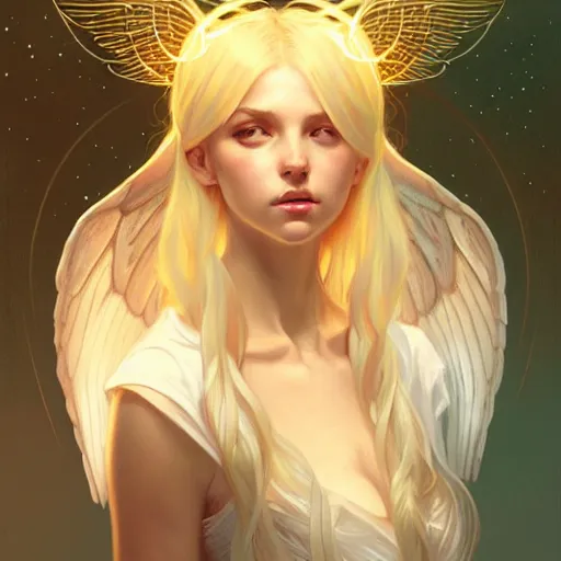 Image similar to Portrait of a girl angel with blonde hair, cat ears, glowing halo, wings, fantasy, intricate, elegant, highly detailed, digital painting, artstation, concept art, smooth, sharp focus, illustration, art by Krenz Cushart and Artem Demura and alphonse mucha