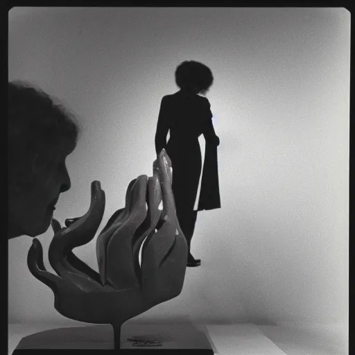 Prompt: jamel shabazz polaroid of a woman inspecting a sculpture by leonora carrington