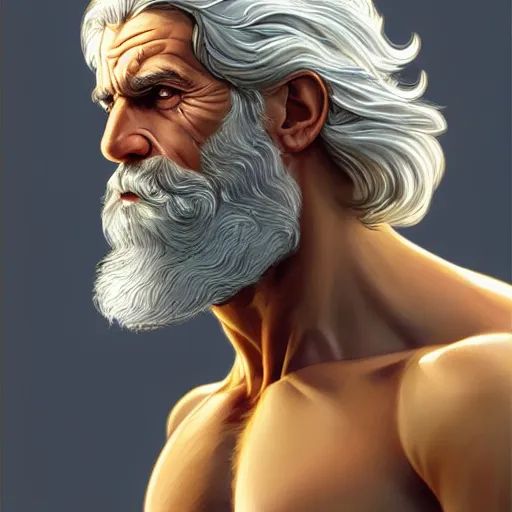 Image similar to portrait of rugged zeus, greek god, 4 0 years old, handsome, white hair, soft hair, upper body, muscular, hairy torso, fantasy, intricate, elegant, highly detailed, digital painting, artstation, concept art, smooth, sharp focus, illustration, art by artgerm and greg rutkowski and alphonse mucha