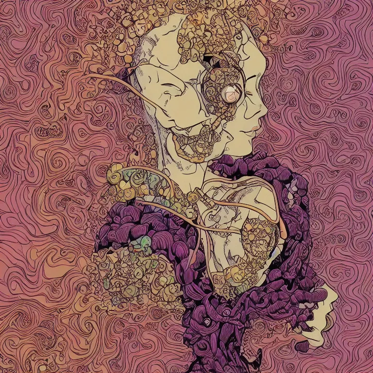 Image similar to portrait of a woman with swirling hair and fractal skin by geof darrow, retrofuturism, psychedelic art reimagined by industrial light and magic