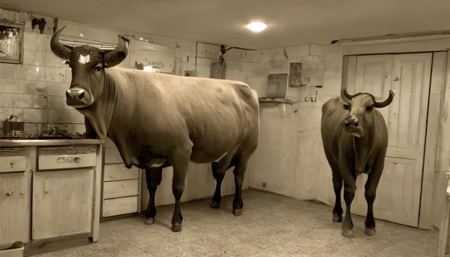 Prompt: a giants cow in a stalinist style kitchen, by mini dv camera, very very low quality, heavy grain, very blurry, accidental flash, caught on trail cam