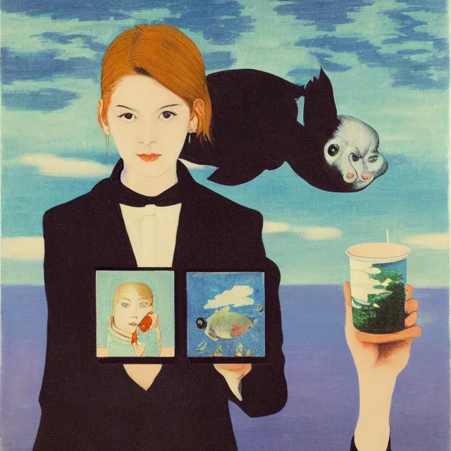 Image similar to tall emo female artist holding small portraits and fish on a train, on shinkansen in japan, odawara station, odawara castle, summer, sweat, ice coffee, pigs, octopus, acrylic on canvas, surrealist, by magritte and monet