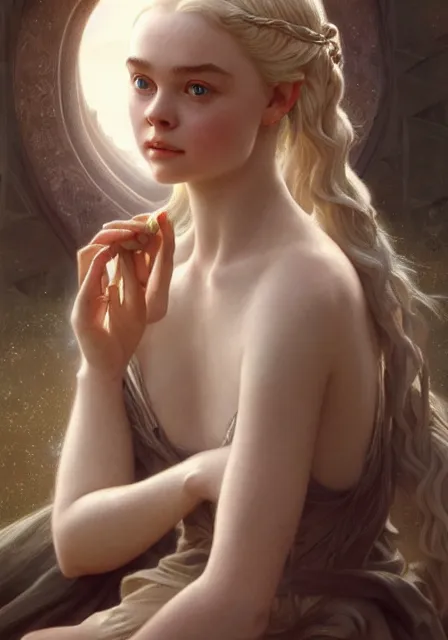 Image similar to daenerys elle fanning, intricate, elegant, highly detailed, digital painting, artstation, concept art, smooth, sharp focus, illustration, art by artgerm and greg rutkowski and alphonse mucha and william - adolphe bouguereau