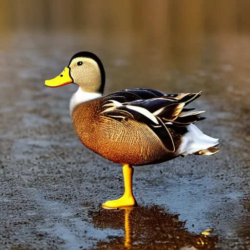 Prompt: a duck wearing black rubber boots in the french countryside, realistic, detailed, 8 k