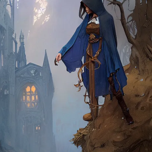 Image similar to a female wizard with brown hair wearing a blue hood and blue robe exploring a dark and sinister medieval village, fantasy, highly detailed, digital painting, artstation, concept art, character art, art by greg rutkowski and tyler jacobson and alphonse mucha