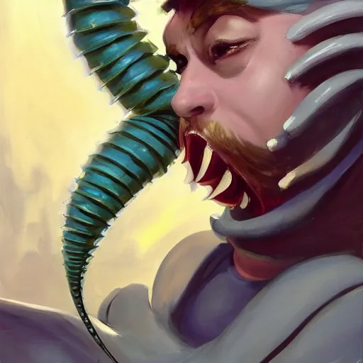 Image similar to greg manchess portrait painting of partially armored caterpillar from alice in wonderland as overwatch character, wacky, medium shot, asymmetrical, profile picture, organic painting, sunny day, matte painting, bold shapes, hard edges, street art, trending on artstation, by huang guangjian and gil elvgren and jesper ejsing