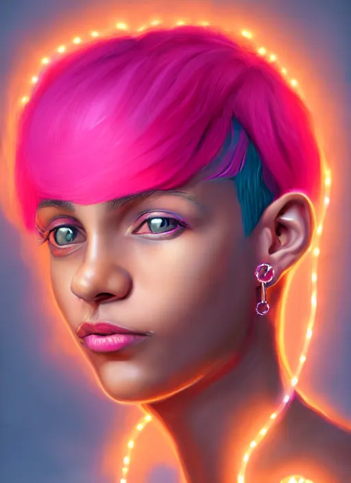 Image similar to portrait of teenage vanessa morgan with bright pink hair, black girl, curly pixie cut hair, wearing newsboy cap, pink short haircut, newsboy cap, hoop earrings, blue eyes, intricate, elegant, glowing lights, highly detailed, digital painting, artstation, concept art, smooth, sharp focus, illustration, art by wlop, mars ravelo and greg rutkowski