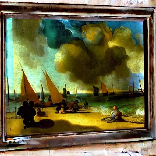 Prompt: Stunning post-impressionist painting of a day at the beach by Rembrandt van Rijn