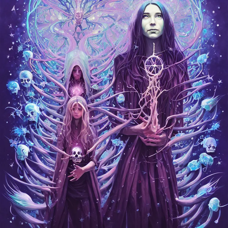 Image similar to non - ordinary girl of # magic the gathering, stars of spirit, by peter rohrabacher annatto finnstark | flowers of purity, future heaven plants by leiko ikemura, and ilya kuvshinov | sparkling atom fractules of skulls and mechs deep under the spine cords, by alex grey and hr giger