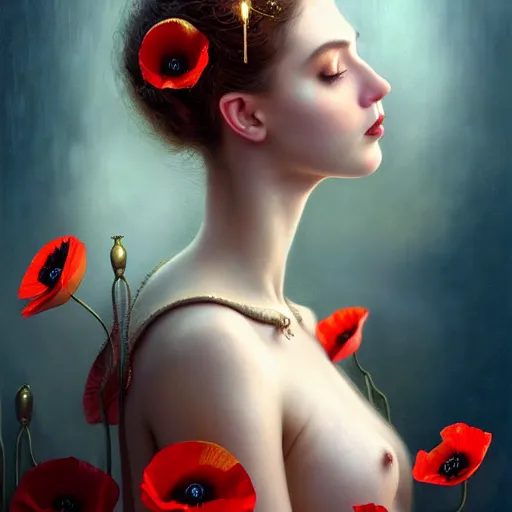 Image similar to portrait of a gorgeous young poppy queen, uniquely beautiful, surreal, fantasy, ornamental, intricate, elegant, dramatic lighting, emotionally evoking symbolic metaphor, highly detailed, lifelike, photorealistic, digital painting, artstation, concept art, smooth, sharp focus, illustration, art by John Collier and Krenz Cushart and Artem Demura and Alphonse Mucha and Albert Aublet