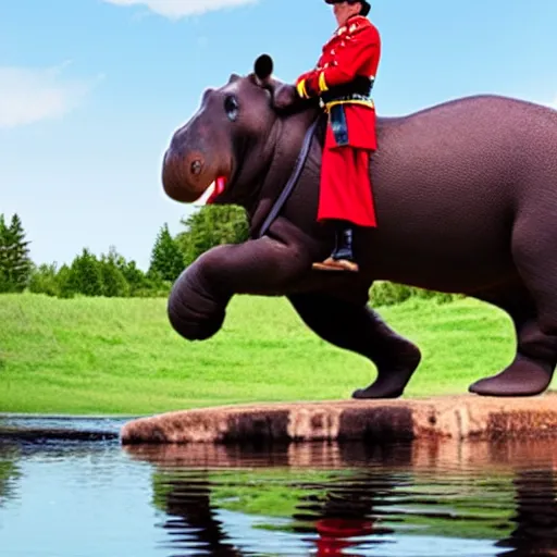 Image similar to photograph of a canadian mountie riding a giant hippo